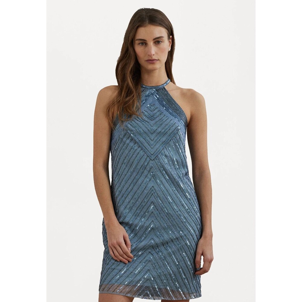 Lauren Ralph Lauren Women's Beaded Mesh Halter PartyCocktail Dress Light Blue 16